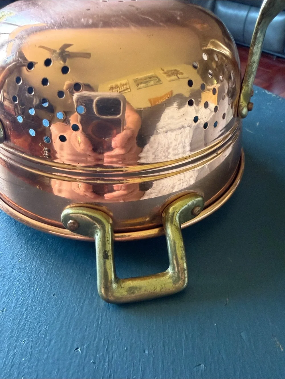 Vintage Copper Colander with Brass Handles and Feet